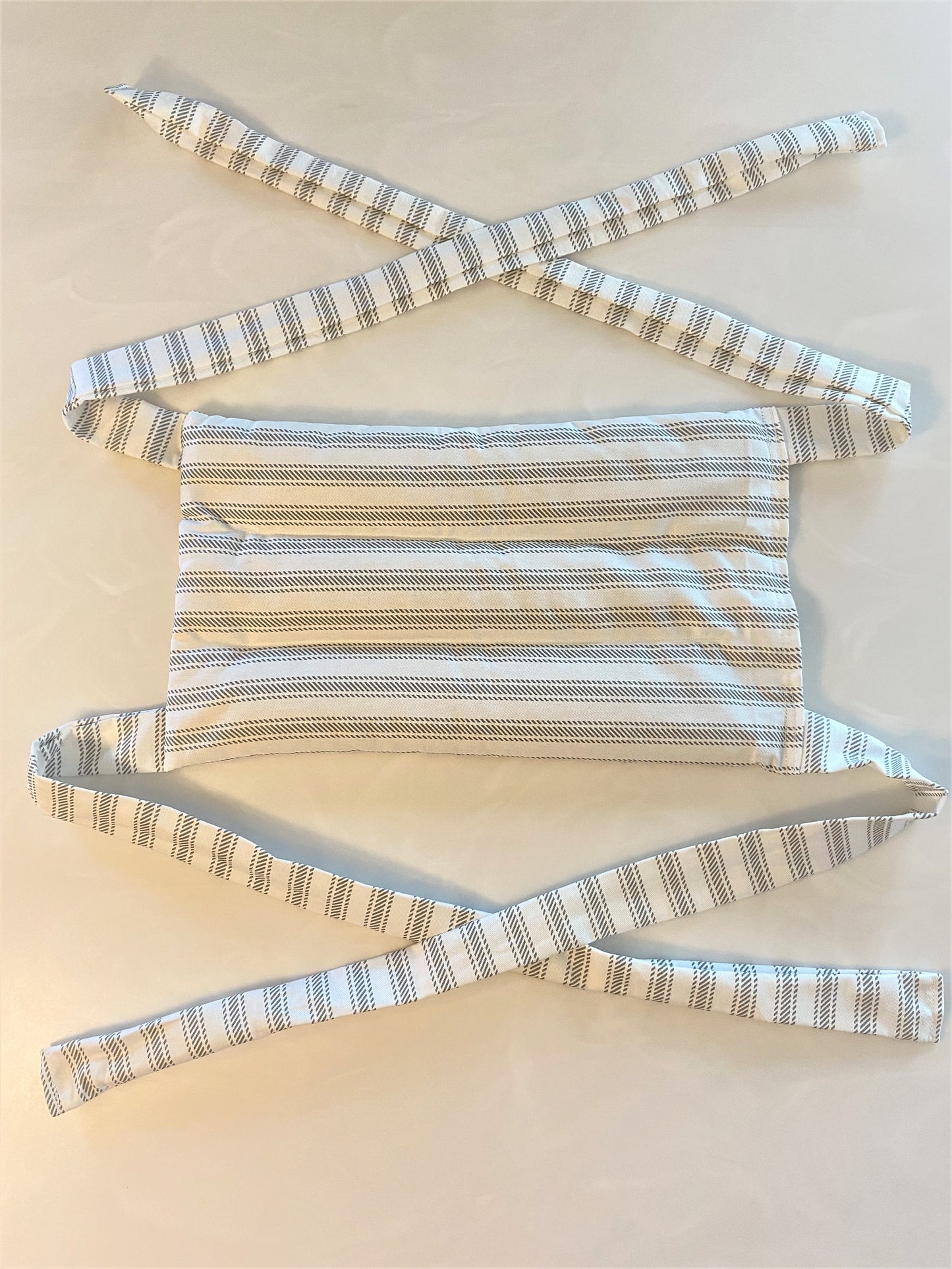 White Grey Stripe Large Microwavable Rice Bag with Ties for Hands Free Use