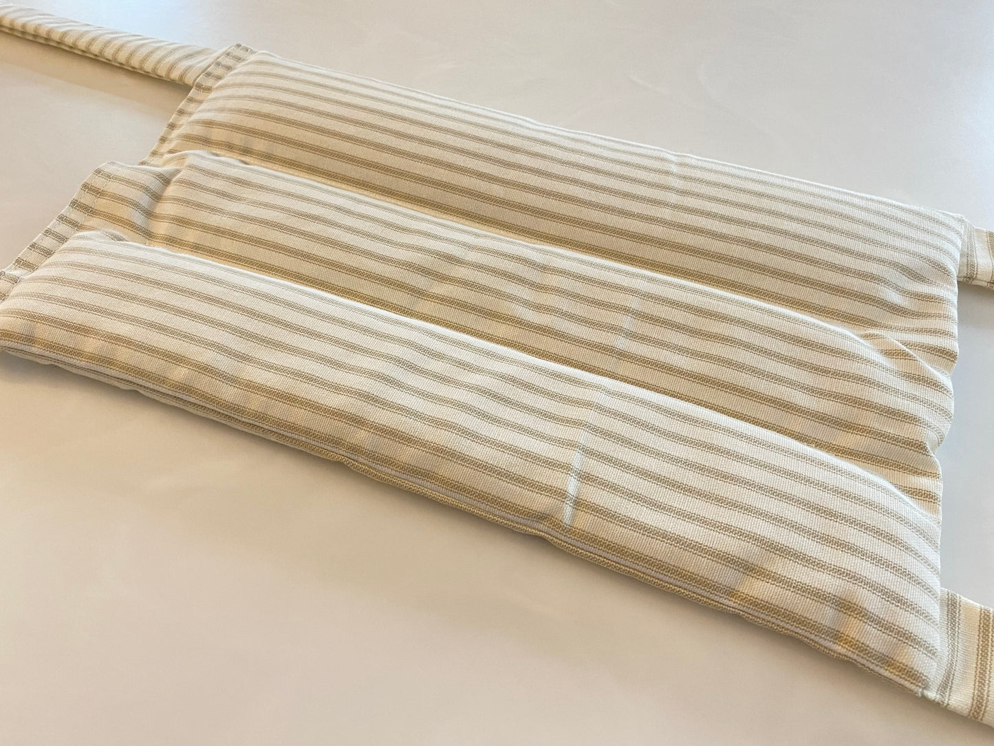 Khaki Stripe Large Microwavable Rice Bag with Ties for Hands Free Use