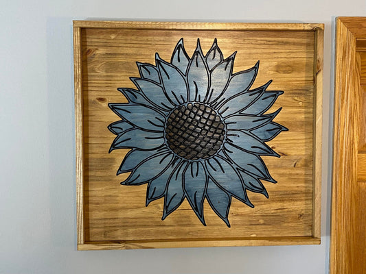 Engraved Blue Flower Wood Art Piece